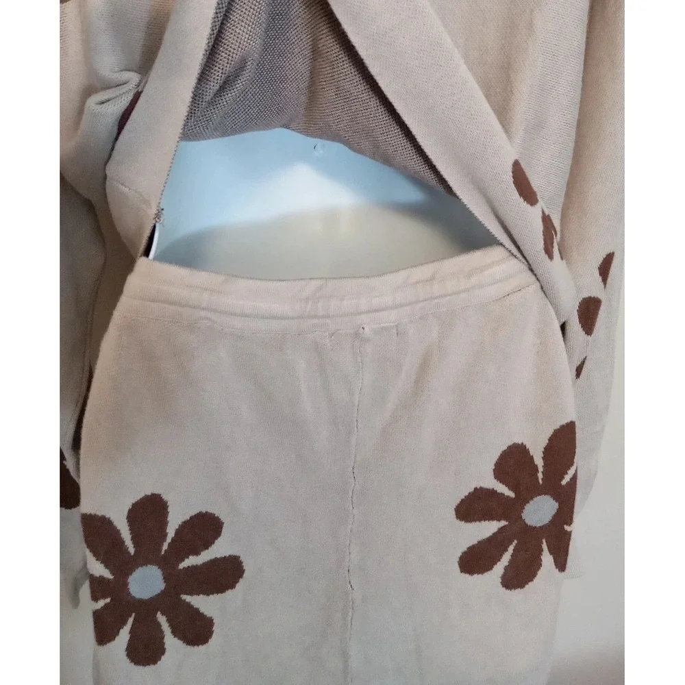 Ekouaer Light‎ Brown Dark Sunflowers Pajama Lounge Shorts/longleeve Knit Set S